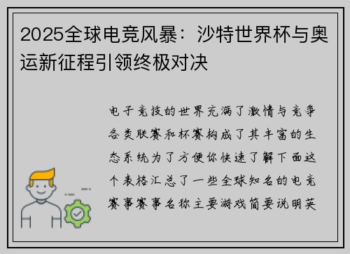 2025全球电竞风暴：沙特世界杯与奥运新征程引领终极对决